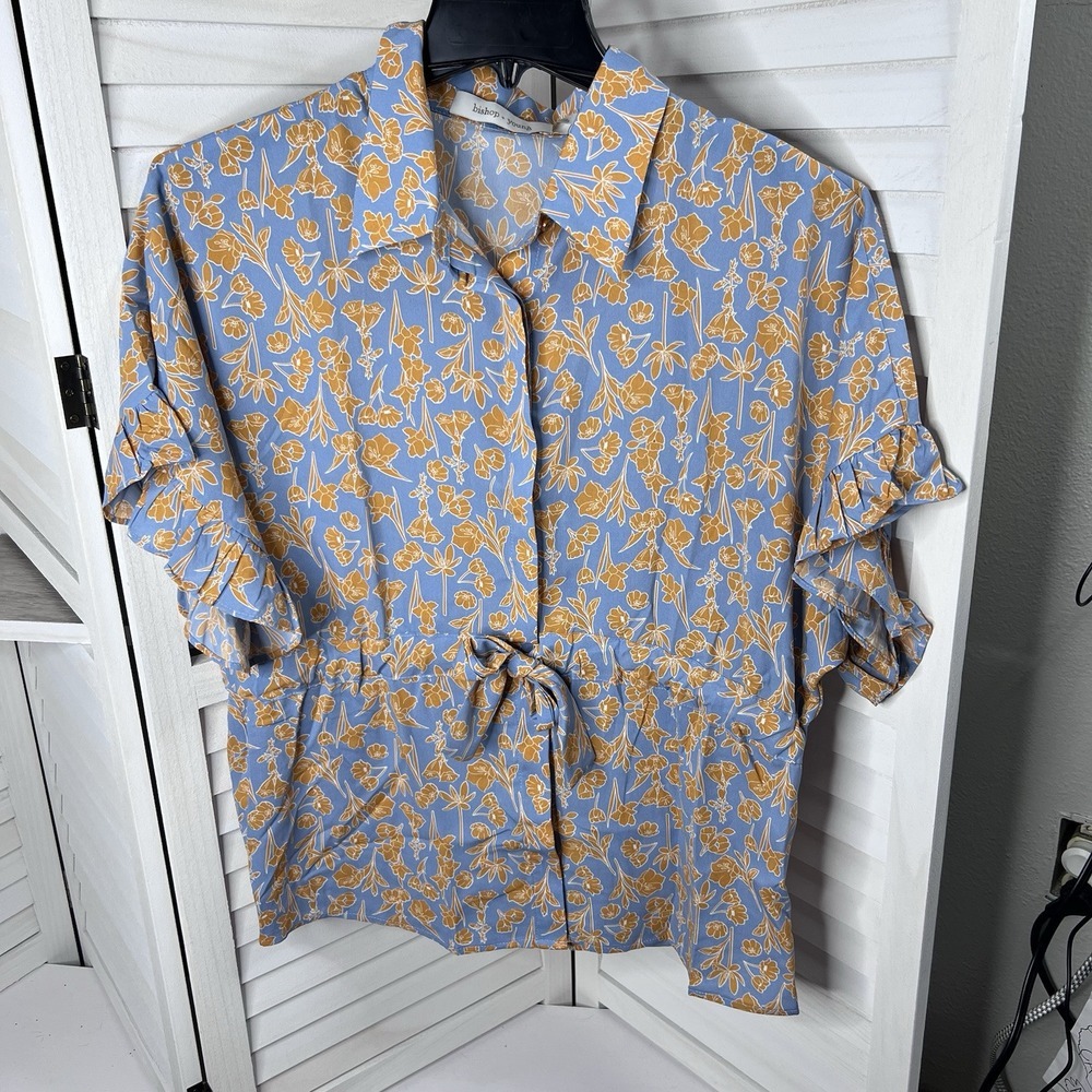 Bishop & Young Women's Blouse Blue Orange Floral‎ Ruffle Sleeve Tie Waist XS NWT
